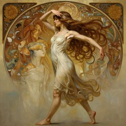 a girl walking slowly, dancing, side view, hidden hands, intricate, highly detailed face, digital painting, artstation, concept art, smooth, sharp focus, illustration, unreal engine 5, 8 k, art by artgerm and greg rutkowski and alphonse mucha