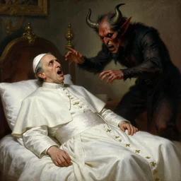 the pope is in his bedroom, terrified because a horned demon is attacking him. highly detailed painting by gaston bussiere, greg rutkowski, craig mullins 8 k