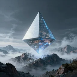 mountains made of a vaporwave explosion + a modern glass house, one!!!! upside down neon lined pyramid floating above!!!!, rule of thirds, clean linework, dramatic, moody, introspective, cinematic, award winning, 4 k, trending on artstation, photorealistic, volumetric lighting, octane render