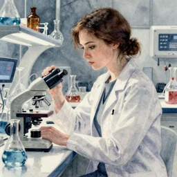 cyberpunk chemistry laboratory, female scientist, intricate watercolor painting by greg rutkowski, trending on pixiv