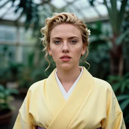 head and shoulder portrait medium format photograph of scarlett johansson wearing a yellow kimono in a tropical greenhouse. super resolution. 85 mm f1.8 lens.bokeh.graflex.