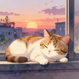 head and shoulders masterpiece portrait of a cute adorable cat sleeping on a window sill at sunset, digital art watercolor by krenz cushart and hayao miyazaki and kuniyoshi utagawa, trending on artstation, cgsociety, rich vivid color