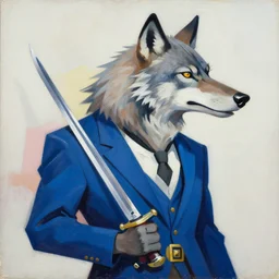 greg manchess portrait painting of a werewolf in a blue suit with a sword and a pistol, asymmetrical, profile picture, organic painting, sunny day, matte painting, bold shapes, hard edges, street art, trending on artstation, by huang guangjian, gil elvgren, ruan jia, randy vargas, greg rutkowski