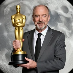 a portrait of saul goodman holding an oscar on the moon
