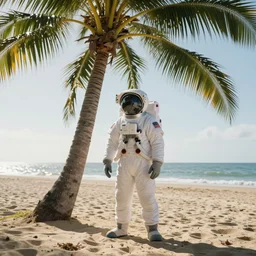 a beautiful photo of an astronaut on the beach under a palm tere, summer sun, 1 9 7 0, soft light, morning light, photorealistic, realistic, octane, 8 k, cinematic shot