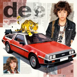 a red delorean with a yellow tiger, art by hsiao - ron cheng & shinya edaki in a magazine collage style, # de 9 5 f 0