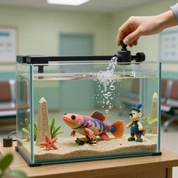 fish tank in hospital waiting room. newt. plasticine model in water. figures clay. tilt shift. clay figure. surreal. tropical fish tank with sand. strange. weird. astrix and obelisk. bubbles form pump. tintin. hands. tank. wallace and gromit. siamese fighting fish. aquatic photography. photorealistic. waiting room