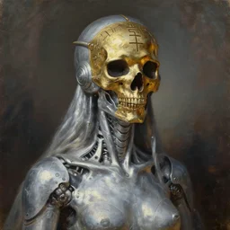 beautiful expressive oil painting portrait of ancient god queen, silver exoskeleton, with a gold skull mask, cyberpunk, alien semiotic symbols, art by anders zorn, wonderful masterpiece by greg rutkowski, beautiful cinematic light, american romanticism by greg manchess, jessica rossier