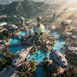 alien ships flying over an epic waterpark, birds eye view