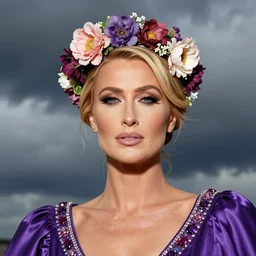 closeup portrait fine art photo of the beauty paris hilton, she has a crown of stunning flowers and dress of purple satin and gemstones, background full of stormy clouds, by peter mohrbacher
