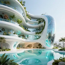 highly detailed futuristic architecture by frank lloyd wright and antoni gaudi, reflective lighting, holographic, stylized vegetation, ground - level view, puddles of turquoise water, stunning sunny lighting, sunrise, by vincent van gogh and john berkey, 8 k, matte painting, ray tracing, unreal engine 5, octane render, cyberpunk, vibrant
