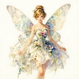 study of a flower fairy, wearing alexander mcqueen dress, illustration, watercolor, alan lee, detailed, pretty, ethereal, realistic, artstation,
