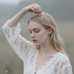 nails and needles dig into a stupid head, in style of paolo roversi, britt marling style 3 / 4, a beautiful ethereal lace white robe, 8 k, soft focus, soft light, volumetric lighting, highly detailed realistic, refined, highly detailed, natural outdoor soft pastel lighting colors scheme
