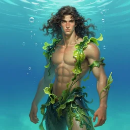 portrait of a beautiful young fit male fish - man with long curly hairs, dressed in fluent clothes made of seaweeds, by greg rutkowski and alphonse mucha, d & d character, gradient cyan to blue, underwater bubbles background, highly detailed portrait, digital painting, artstation, concept art, smooth, sharp focus ilustration, artstation hq
