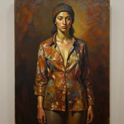 detailed full body portrait in strong femininity, ethnic, realistic face sculpted features, statuesque model, worn flourish pattern shirt untucked and knit hat, warm glow, bathed in light, filmic, chiaroscuro, specular highlights, angular impressionism, radiosity, deep rich tones, contemporary art, oil on canvas