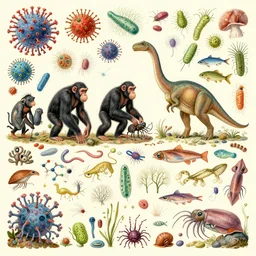 all of evolution as a striking detailed painting, viruses, humans, bacteria, invertebrates, chimpanzee, neanderthal, dinosaurs, reptiles, fish, mammals, worms, corals, fungi, bacteria, viruses, animals, plants, flagellates, arachnids, snails, squid, birds, bivalves