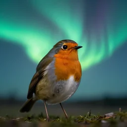 photo of majestic robin, calming, aurora - borealis in background, 8 5 mm, f 1. 8