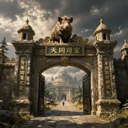 The gate to the eternal kingdom of boars, fantasy, digital art, HD, detailed.