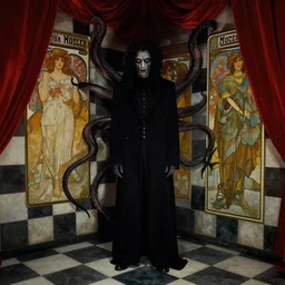 extremely detailed movie shot closeup portrait of a dark bizarre figure standing in the corner of a checkerboard checkerboard room by denis villenueve, arnold bocklin, lovecraft, amano, alphonse mucha, franz von stuck, david lunch, tentacles, dynamic composition, rich moody colours, crimson drapes, 4 k details