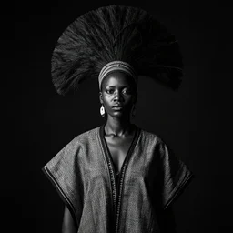 photograph of an african woman wearing a fashion garment and a big headdress by Zanele Muholi, high contrast, deep blacks