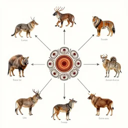 a spiritual clean diagram aboriginal about selk ´ nam and the animals, muy definido, with lines interconnecting situations, clean design,, by norman rockwell, award winning photo, octane render, 2 4 0 0 dpi