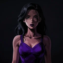 neo - noir, cell shaded, portrait of a woman in a purple dress, dark background, moody lighting, detailed, thick line art, dark shadows, artstation, photoshop, trending, grunge, high contrast, smooth gradients, octane render, dark background