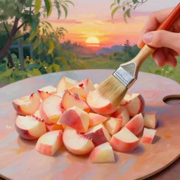 a polyester peach is peeled and diced into small pieces, with the colors of the peach mixed together and used as a brush and palette for a painting of a sunset in the garden, digital art
