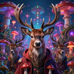4 k headshot portrait of a psychedelic demonic anthropomorphic deer with mushroom themed clothes, magic mushroom village in background by jeff easley, award winning, stylized neon, post - processing, masterpiece, superb resolution. in the art style of junji ito and greg rutkowski. detailed mushroom city in background. hyper realistic anime. perfect art. dalle 2