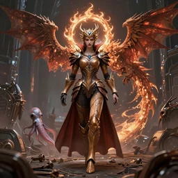 vampire Queen, on a battle field, cyberpunk, future, armor, wood, fiction, fantasy, dystopian, phoenix dragon, butterfly squid, burning halo, intricate artwork by Guy Denning and Anna Dittmann very coherent artwork, cinematic, hyper realism, high detail, octane render, unreal engine, 8k, Vibrant colors, Smooth gradients, High contrast, ,