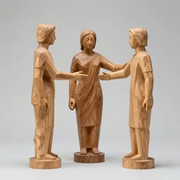 wood sculpture of three people touching each other