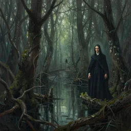 a painting of mysterious swamp in the wood, gothic, by john atkinson grimshaw and geogre inness, acrylic art, artstation hd