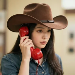 red dial telephone wearing a cowboy hat