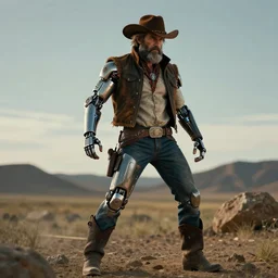 a beautiful portrait of a grizzled cowboy with futuristic cybernetic glowing enhancements, dynamic pose, full body portrait, sci - fi, cyberpunk by ruan jia, jules bastien - lepage, 8 k