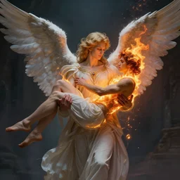 angel holding a burning man in his arms, fantasy art, award winning, fantasy magic, intricate, elegant, sharp focus, cinematic lighting, highly detailed, digital painting, concept art, masterpiece, trending on artstation, 8 k