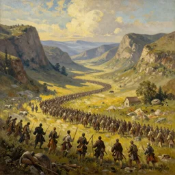 A huge army in a valley at golden hour, fantasy, oil painting, extra detailed