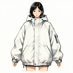 an ukiyo e sketch of a streetwear anorak for a woman designed by balenciaga