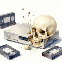 watercolor spores growing on chewed obese with cranial vhs player, discarded vhs tapes by ian miller, boris vallejo, fine art masterpiece baked at 3 0 0 f, matte painting, backlit dystopian lighting, photorealistic render, cinematic,