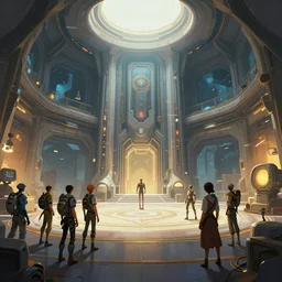 photo environement post futurist main hall : 4, 4 k rtx hdr volume light concept studio matte painting environement digital illustration style art that looks like it is from borderlands and by feng zhu and loish and laurie greasley, victo ngai, andreas rocha, john harris by jesper ejsing, by rhads, makoto shinkai and lois van baar