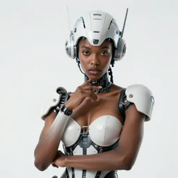 beautiful centered fine art photo portrait of beautiful black girl with white solarpunk mecha humanoid head parts with led lights, sexy pudica pose gesture by bouguereau, white background, ultra - realistic and intricate, soft box lighting, shallow depth of field hdr 8 k