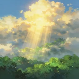 light pouring through the clouds vivid exuberant immaculate digital painting golden hour light mist refractive lighting lush greenery by makoto shinkai takashi takeuchi yoshiyuki sadamoto