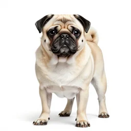 albino pug, photorealistic wildlife photography, full body, isolated on a pure white background, centered, entire subject in frame, sharp focus, soft studio lighting