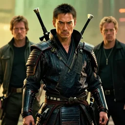 movie still frame, ken watanabe as cyberpunk samurai, epic pose, badass, weapons strapped on shoulders, beautiful composition, 8 k, cgi, by ridley scott, zack snyder and michael bay