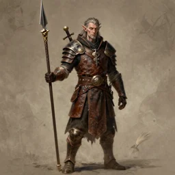 fantasy dungeons and dragons hyper detailed illustration of a warlock charlatan, tiefling race, wearing a leather armor, carrying a spear, realistic fantasy style, detailed background