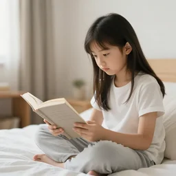a girl reading a book on her bedroom