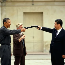 obama and geert wilders and xi jingping pointing revolvers at each other, mexican standoff, cinematic shot, the good the bad and the ugly 1 9 6 6