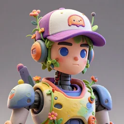 colourful - 3 d vfx art - portrait of a mecha robot wearing a baseball cap with vines & flowers growing from inside, art style by james jean & hsiao - ron cheng, character concept art, unreal engine render, digital illustration, claymation, sharp, intricate detail, volumetric light, ray tracing, soft light, symmetric, pinterest, artstation, behance,