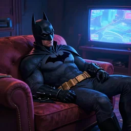 a witcher batman lying on couch front of tv, depressed, vibrant, life changing, dramatic, cinematic lighting, digital art, ultra sharp, extreme details