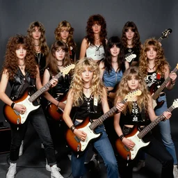 Group of 19-year-old women holding electric guitars, long shaggy hair, permed hair, New Wave of British Heavy Metal, heavy metal, band promo photo, Great Britain, 1981 photograph, 16mm photography