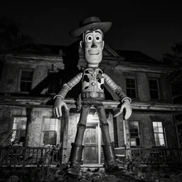 black and white photo of giant possessed Woody doll, abandoned asylum, night, creepy