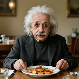 a portrait of albert einstein sitting at the dining table with a plate containing string hopper in front of him, highly detailed, trending on artstation, bokeh, 9 0 mm, f / 1. 4